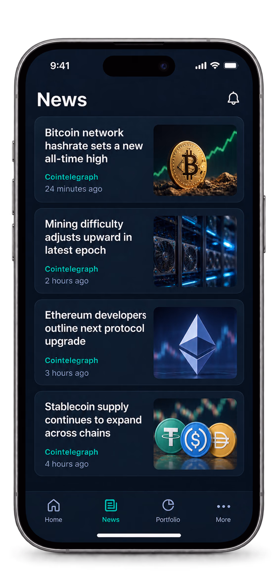 Cointelegraph 뉴스 제목이 표시된 BitPulseHub 뉴스 피드 화면