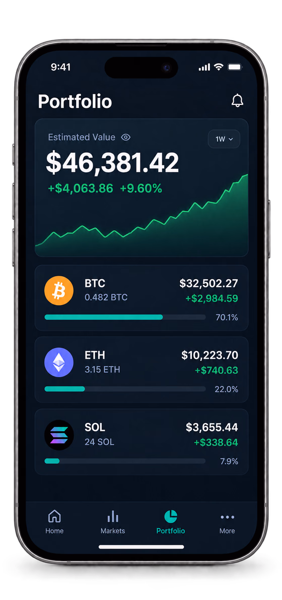보유 내역과 자산 비중 차트가 있는 BitPulseHub 포트폴리오 화면